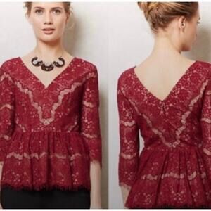 Maeve Anthropologie Maroon Burgundy Lace 3/4 Sleeve V Neck Back Blouse Top M